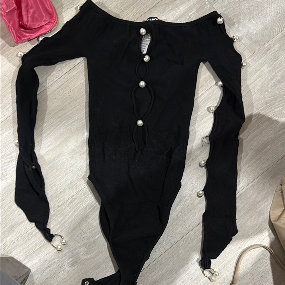 Fashion Nova Black Pearl Embellished Bodysuit